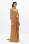 Shop_Aroka_Gold Handwoven Silk Zari Tissue V Neck Pre-draped Saree With _Online_at_Aza_Fashions