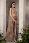 Divisha Sharma_Brown Silk Organza Embroidery Bead Jacket Open Sequin Sharara Set _at_Aza_Fashions