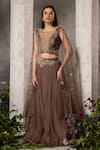 Shop_Divisha Sharma_Brown Silk Organza Embroidery Bead Jacket Open Sequin Sharara Set _at_Aza_Fashions