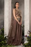 Buy_Divisha Sharma_Brown Silk Organza Embellished Feather Illusion Sheer Round Blouse And Skirt Set _Online_at_Aza_Fashions