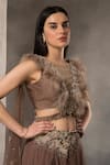 Shop_Divisha Sharma_Brown Silk Organza Embellished Feather Illusion Sheer Round Blouse And Skirt Set _Online_at_Aza_Fashions