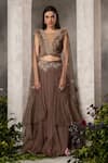 Shop_Divisha Sharma_Brown Silk Organza Embellished Feather Illusion Sheer Round Blouse And Skirt Set _at_Aza_Fashions