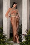 Buy_Divisha Sharma_Brown Satin Embroidery Bead Jacket Cutwork Floral Dhoti Skirt Set _Online_at_Aza_Fashions