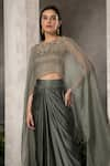 Divisha Sharma_Grey Satin Embroidery Pearl Boat Celeste Bloom Cape And Draped Dhoti Skirt Set _Online_at_Aza_Fashions