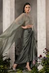 Shop_Divisha Sharma_Grey Satin Embroidery Pearl Boat Celeste Bloom Cape And Draped Dhoti Skirt Set _Online_at_Aza_Fashions