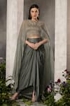 Buy_Divisha Sharma_Grey Satin Embroidery Pearl Boat Celeste Bloom Cape And Draped Dhoti Skirt Set _at_Aza_Fashions