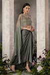 Shop_Divisha Sharma_Grey Satin Embroidery Pearl Boat Celeste Bloom Cape And Draped Dhoti Skirt Set _at_Aza_Fashions