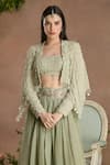 Divisha Sharma_Green Silk Organza Embroidery Pearl Square Neck Ditsy Bloom Cape And Lehenga Set _at_Aza_Fashions