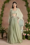 Buy_Divisha Sharma_Green Silk Organza Embroidery Pearl Square Neck Ditsy Bloom Cape And Lehenga Set _at_Aza_Fashions