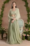 Shop_Divisha Sharma_Green Silk Organza Embroidery Pearl Square Neck Ditsy Bloom Cape And Lehenga Set _at_Aza_Fashions