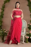 Shop_Divisha Sharma_Pink Silk Bloom Lace Embellished Frilly Gathered Blouse And Draped Dhoti Skirt Set _Online_at_Aza_Fashions