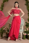 Shop_Divisha Sharma_Pink Silk Bloom Lace Embellished Frilly Gathered Blouse And Draped Dhoti Skirt Set _at_Aza_Fashions