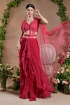 Shop_Divisha Sharma_Pink Silk Organza Embroidery 3d Blossom Leaf Solid Pre-draped Ruffle Saree Set _Online_at_Aza_Fashions