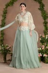 Shop_Divisha Sharma_Ivory Silk Organza Embroidery Pearl V Neck 3d Bloom Blouse And Lehenga Set _Online_at_Aza_Fashions