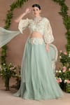 Buy_Divisha Sharma_Ivory Silk Organza Embroidery Pearl V Neck 3d Bloom Blouse And Lehenga Set _at_Aza_Fashions