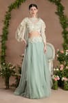 Shop_Divisha Sharma_Ivory Silk Organza Embroidery Pearl V Neck 3d Bloom Blouse And Lehenga Set _at_Aza_Fashions