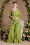 Shop_Divisha Sharma_Green Crepe Embroidery Pearl V Neck Sequin Ambrosia Kurta And Sharara Set _at_Aza_Fashions