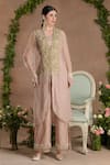 Buy_Divisha Sharma_Pink Silk Organza Embroidery 3d Fleur Glass Neck Front Slit Kurta And Pant Set _at_Aza_Fashions