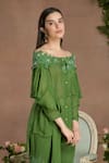 Divisha Sharma_Green Chiffon Applique Floral Off Shoulder Embellished Kurta And Sharara Pant _at_Aza_Fashions