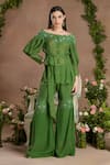 Buy_Divisha Sharma_Green Chiffon Applique Floral Off Shoulder Embellished Kurta And Sharara Pant _at_Aza_Fashions