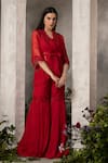 Buy_Divisha Sharma_Red Silk Organza Embroidery 3d Bloom Crest V Neck Wrap Tunic And Sharara Pant Set _at_Aza_Fashions