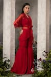 Shop_Divisha Sharma_Red Silk Organza Embroidery 3d Bloom Crest V Neck Wrap Tunic And Sharara Pant Set _at_Aza_Fashions