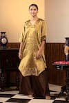 Buy_Eeda_Gold Kurta Tissue Embroidery Metal Coin Sequin Sleeve And Wide Legged Pant Set _at_Aza_Fashions