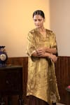 Eeda_Gold Kurta Tissue Embroidery Metal Coin Sequin Sleeve And Wide Legged Pant Set _at_Aza_Fashions