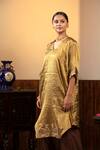 Buy_Eeda_Gold Kurta Tissue Embroidery Metal Coin Sequin Sleeve And Wide Legged Pant Set 