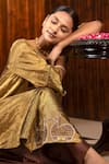 Eeda_Gold Kurta Tissue Embroidery Metal Coin Sequin Sleeve And Wide Legged Pant Set _Online