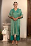 Buy_Eeda_Green Kurta Moonga Tissue Embroidery Metal Coin Sleeve And Wide Legged Pant Set _at_Aza_Fashions