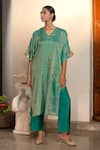 Buy_Eeda_Green Kurta Moonga Tissue Embroidery Metal Coin Sleeve And Wide Legged Pant Set _Online_at_Aza_Fashions