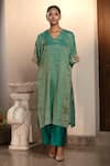 Shop_Eeda_Green Kurta Moonga Tissue Embroidery Metal Coin Sleeve And Wide Legged Pant Set _Online_at_Aza_Fashions