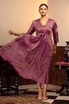 Buy_Eeda_Purple Moonga Tissue Embroidery Metal Coin V Neck Neckline Dress _at_Aza_Fashions