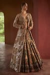 Buy_Reynu Taandon_Beige Chanderi Embroidered Kalamkari Plunge Print Lehenga Achkan Set _at_Aza_Fashions