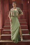 Buy_Reynu Taandon_Green Georgette Embroidered Kalamkari Stone Work Draped Corset Saree With Cape _at_Aza_Fashions