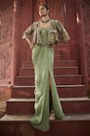 Buy_Reynu Taandon_Green Georgette Embroidered Floral Stone Work Draped Corset Saree And Cape _Online_at_Aza_Fashions