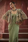 Shop_Reynu Taandon_Green Georgette Embroidered Kalamkari Stone Work Draped Corset Saree With Cape _Online_at_Aza_Fashions