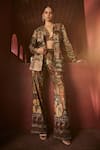 Buy_Reynu Taandon_Brown Chanderi Embroidered Kalamkari Cutout Plunge Print Jacket And Pant Set _at_Aza_Fashions