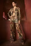 Buy_Reynu Taandon_Brown Chanderi Embroidered Kalamkari Cutout Plunge Print Jacket And Pant Set _Online_at_Aza_Fashions