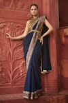 Buy_Reynu Taandon_Blue Georgette Embroidered Kalamkari Halter Print Border Saree With Blouse _at_Aza_Fashions