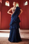 Buy_Reynu Taandon_Blue Georgette Embroidered Kalamkari Pre-draped Ruffle Saree With Corset _at_Aza_Fashions