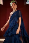 Reynu Taandon_Blue Georgette Embroidered Kalamkari Pre-draped Ruffle Saree With Corset _at_Aza_Fashions