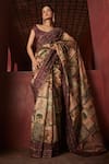 Buy_Reynu Taandon_Brown Chanderi Printed Elegant Nalki Bead Embroidered Border Saree With Blouse _at_Aza_Fashions