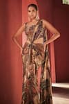 Buy_Reynu Taandon_Brown Chanderi Printed Kalamkari Straight Pre-draped Saree Gown _Online_at_Aza_Fashions