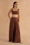 Buy_Ruchi Marodia_Brown Chanderi Plain Scoop Neck Blouse And Pleated Pant Set _at_Aza_Fashions