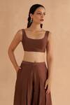 Ruchi Marodia_Brown Chanderi Plain Scoop Neck Blouse And Pleated Pant Set _Online_at_Aza_Fashions