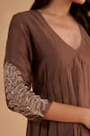 Buy_Ruchi Marodia_Brown Chiniya Silk Embroidery Zardozi V Neck Sleeve A-line Kurta Set 