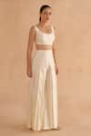 Buy_Ruchi Marodia_White Chiniya Silk Plain Scoop Neck Sleeveless Blouse And Pleated Pant Set _Online_at_Aza_Fashions