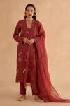 Buy_Ruchi Marodia_Red Moonga Silk Embroidery Zardozi Blunt V Neck Kurta Pant Set _at_Aza_Fashions